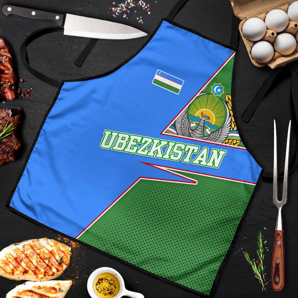 Uzbekistan apron detail: blue “UZBEKISTAN” text with flag and coat emblem, green gradient panel