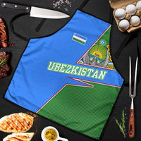 Uzbekistan apron detail: blue “UZBEKISTAN” text with flag and coat emblem, green gradient panel