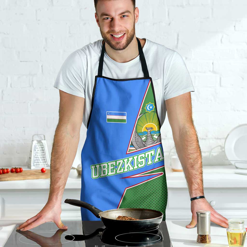 Uzbekistan blue apron worn by person over white shirt; flag emblem and “UZBEKISTAN” text