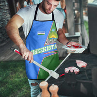 Uzbekistan apron worn outdoors: blue flag-and-coat emblem design with “UZBEKISTAN” text