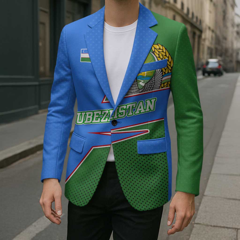 Multicolor blazer worn with white shirt, crest patch on chest, green hem panel