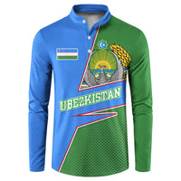Multicolor button-front sweatshirt with Uzbekistan crest graphic and green-blue gradient