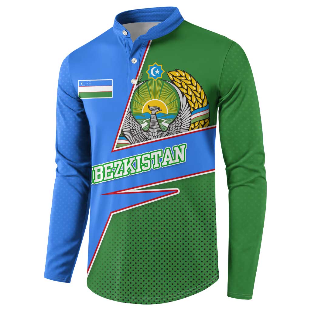 Multicolor button-front sweatshirt with Uzbekistan crest and bold diagonal green-blue panels