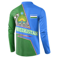Multicolor button-front sweatshirt, back view, Uzbekistan crest with curved emblem and text