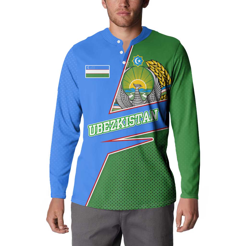 Button-front sweatshirt on model with Uzbekistan crest logo and green-blue diagonal gradient