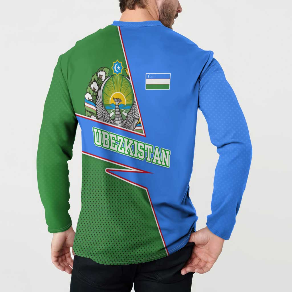 Button-front sweatshirt back view on model with Uzbekistan crest emblem and diagonal gradient
