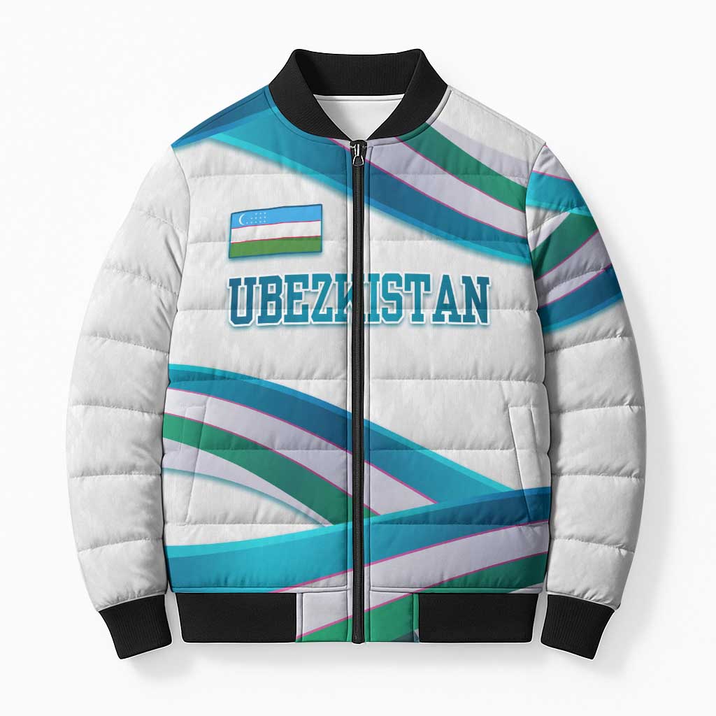 Uzbekistan Bomber Puffer Jacket with Ribbon Wave Design - Wonder Print Shop