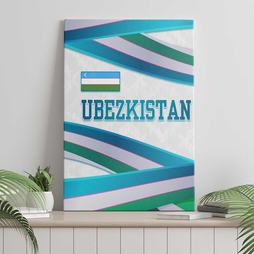 Canvas wall art featuring Uzbekistan text, flag icon, and teal ribbon wave stripes
