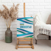 Uzbekistan ribbon wave canvas print on easel, showing flag icon and multicolor stripes