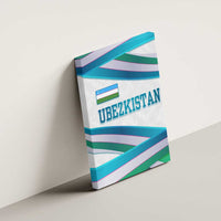 Side view of Uzbekistan canvas wall art with teal ribbon wave stripes and flag icon