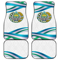 Uzbekistan car mats set of four with ribbon wave design, white and multicolor emblem