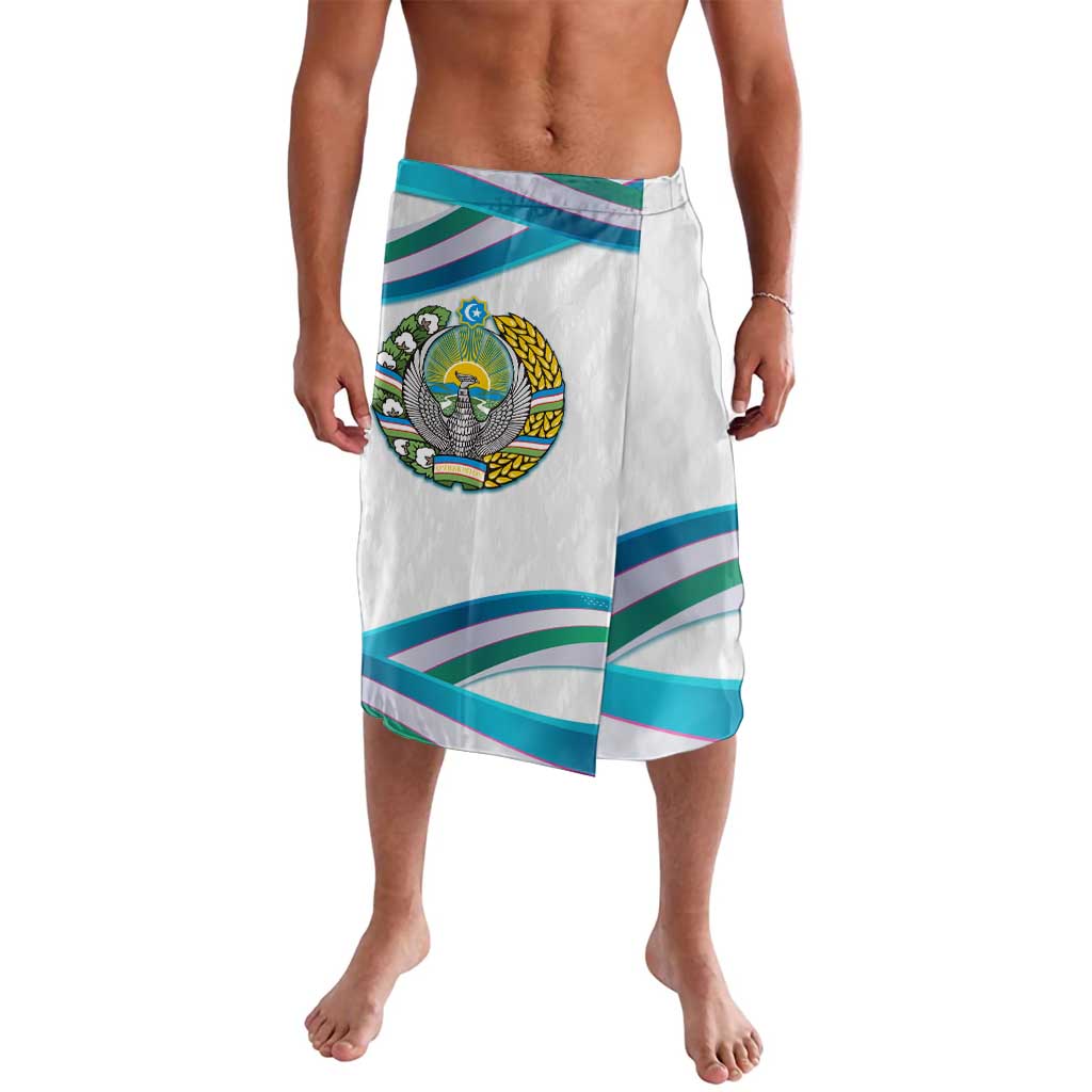 Lavalava sarong skirt, white with teal and purple ribbon wave stripes, emblem patch