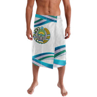 Lavalava sarong skirt, white with teal and purple ribbon wave stripes, emblem patch