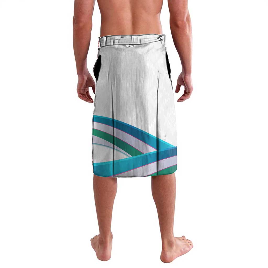Lavalava sarong skirt, white with teal and purple striped panel, vertical front seam