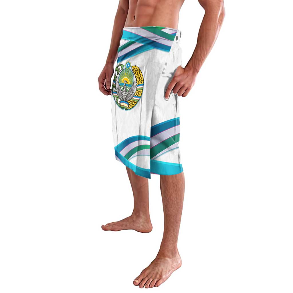 Lavalava sarong skirt, white with teal ribbon-wave stripes and crest emblem at front