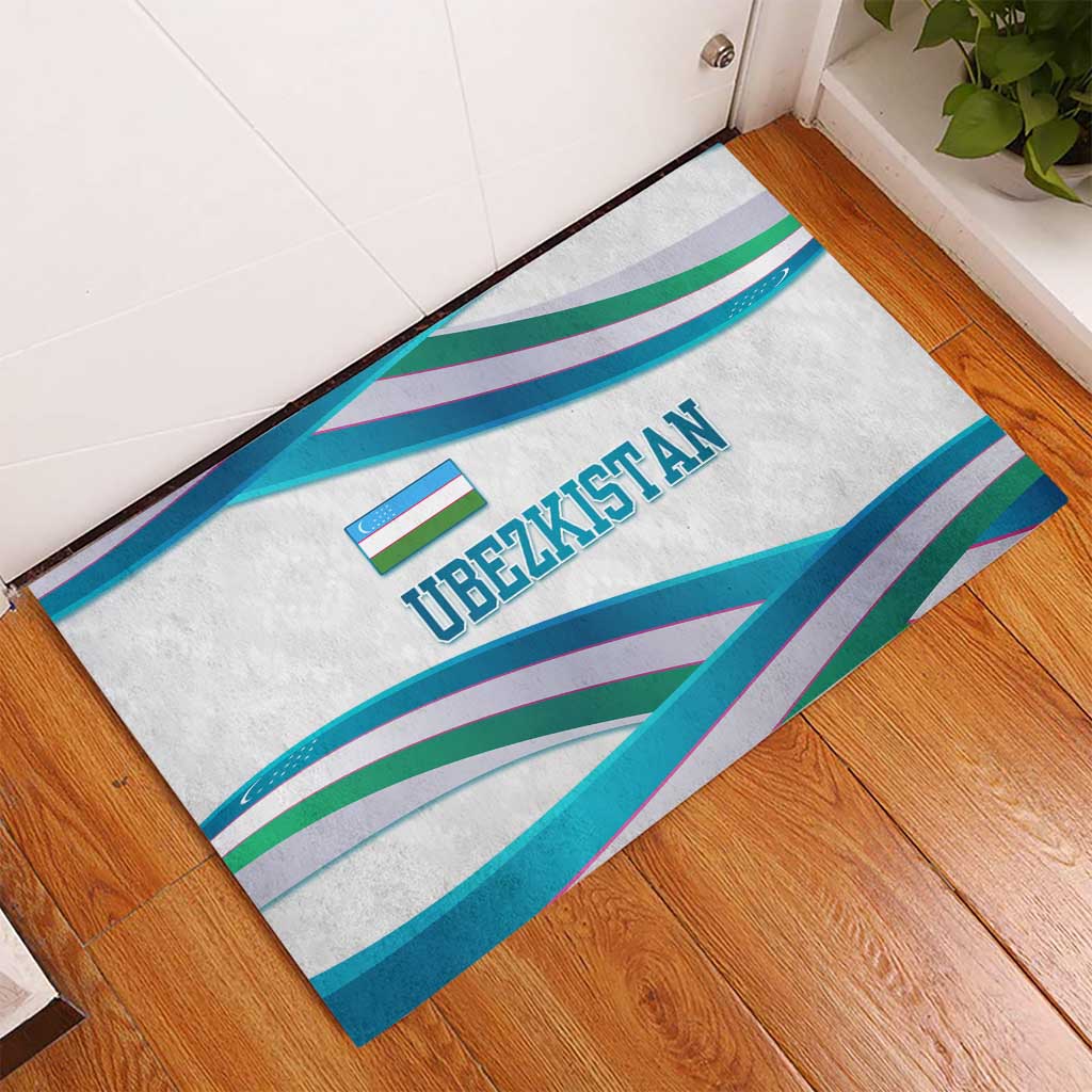 Uzbekistan rubber doormat with multicolor ribbon wave border and UZBEKISTAN text