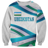 Unisex light gray sweatshirt with striped ribbon wave graphic and UZBEKISTAN text