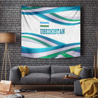 Uzbekistan wall tapestry with multicolor ribbon wave stripes and "UBEKISTAN" text