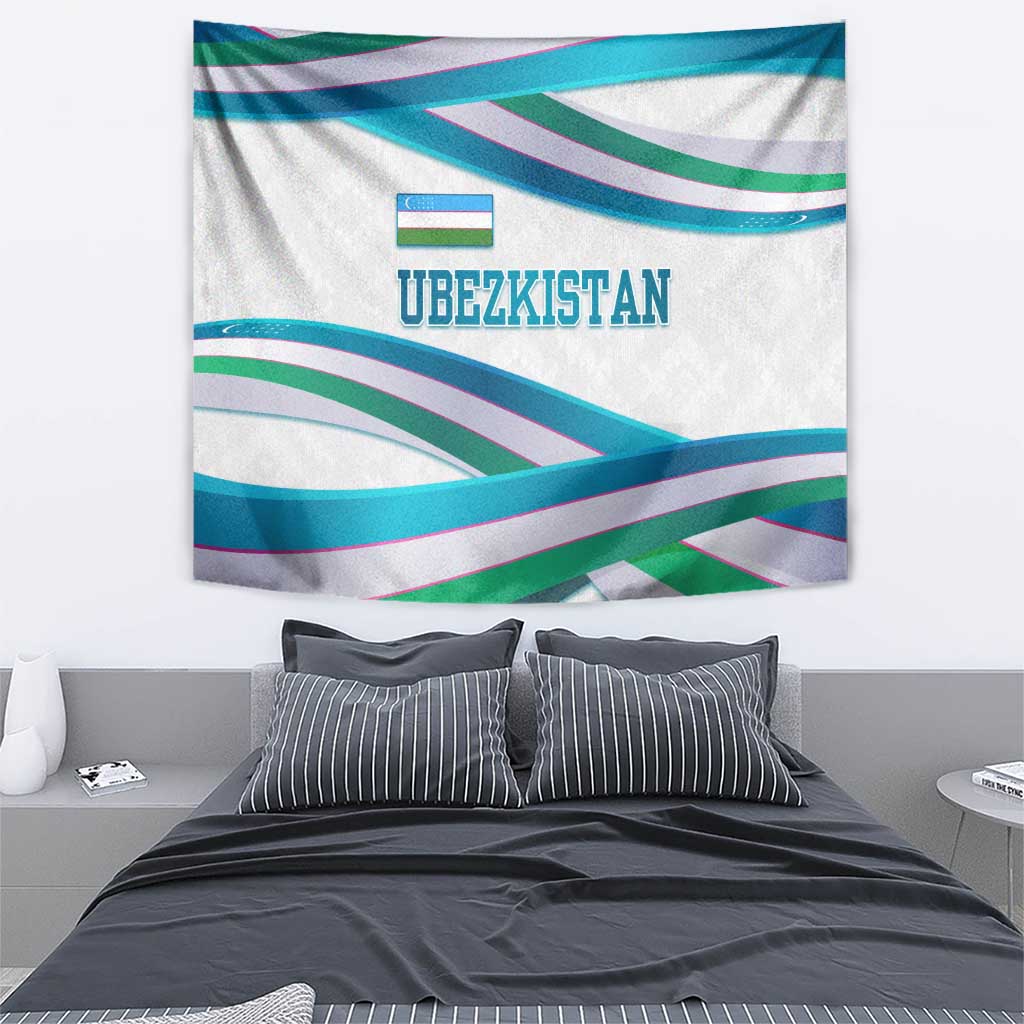 Multicolor ribbon wave wall tapestry with small Uzbekistan flag icon and "UBEZKISTAN"