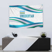 White wall tapestry with blue, green, and purple ribbon wave design and "UBEZKISTAN" text