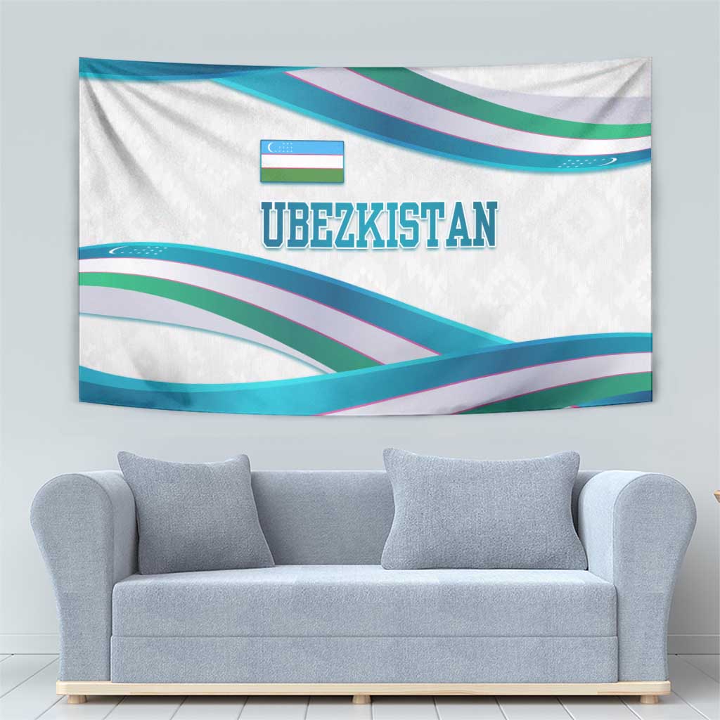 Ribbon wave Uzbekistan wall tapestry in teal, green, purple, and white with "UBEZKISTAN"