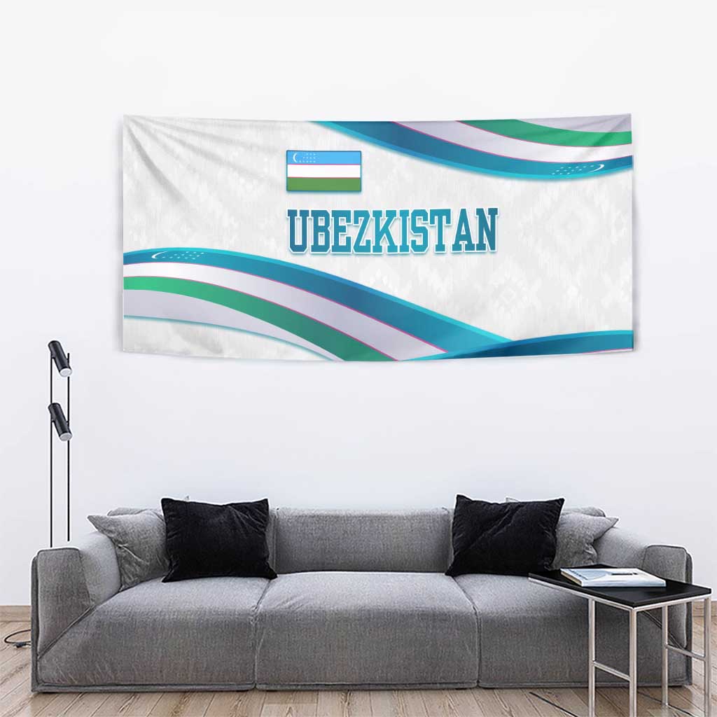 Uzbekistan ribbon wave wall tapestry with "UBEZKISTAN" lettering and multicolor stripes