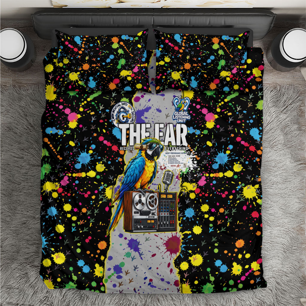 Parrot Spy Intelligence Secrets Listener Bedding Set Colorful Paint Splatter Vintage Secret Agent Bird