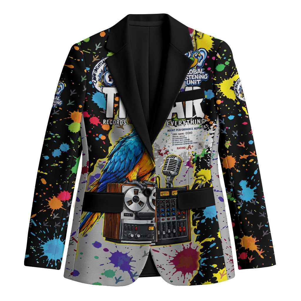 Parrot Spy Intelligence Secrets Listener Blazer Colorful Paint Splatter Vintage Secret Agent Bird