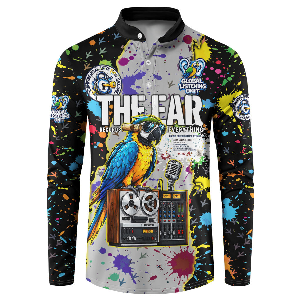 Parrot Spy Intelligence Secrets Listener Button Sweatshirt Colorful Paint Splatter Vintage Secret Agent Bird