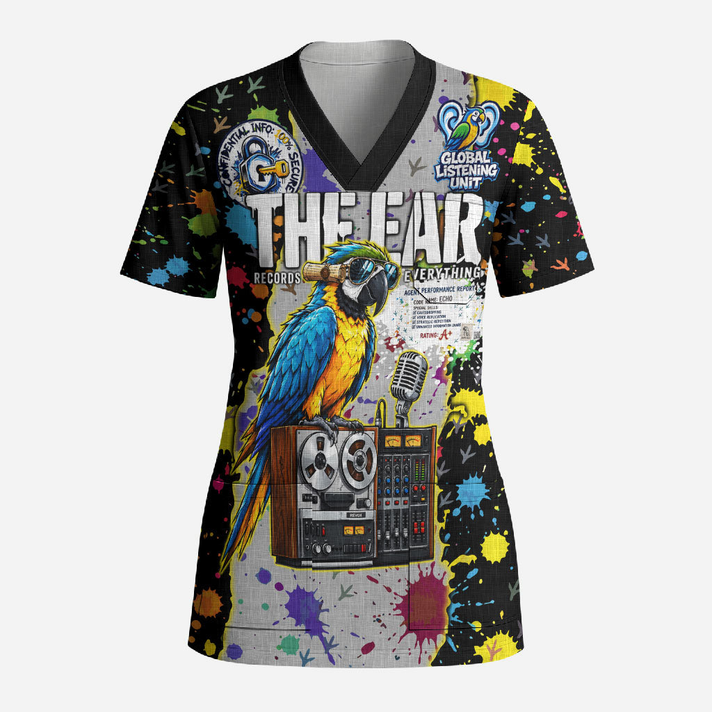 Parrot Spy Intelligence Secrets Listener Scrub Top Colorful Paint Splatter Vintage Secret Agent Bird