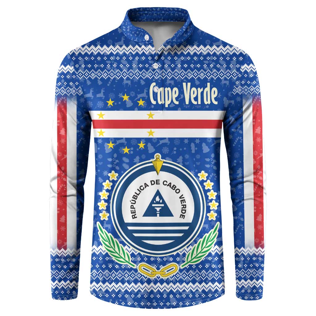 Cape Verde Christmas Button Sweatshirt with Blue Festive Pattern Sailing Santa and National Emblem Motif - Wonder Print Shop