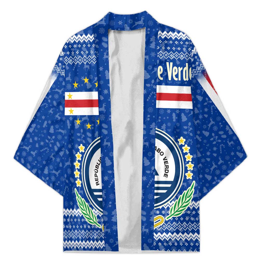 Cape Verde Christmas Kimono with Blue Festive Pattern Sailing Santa and National Emblem Motif - Wonder Print Shop