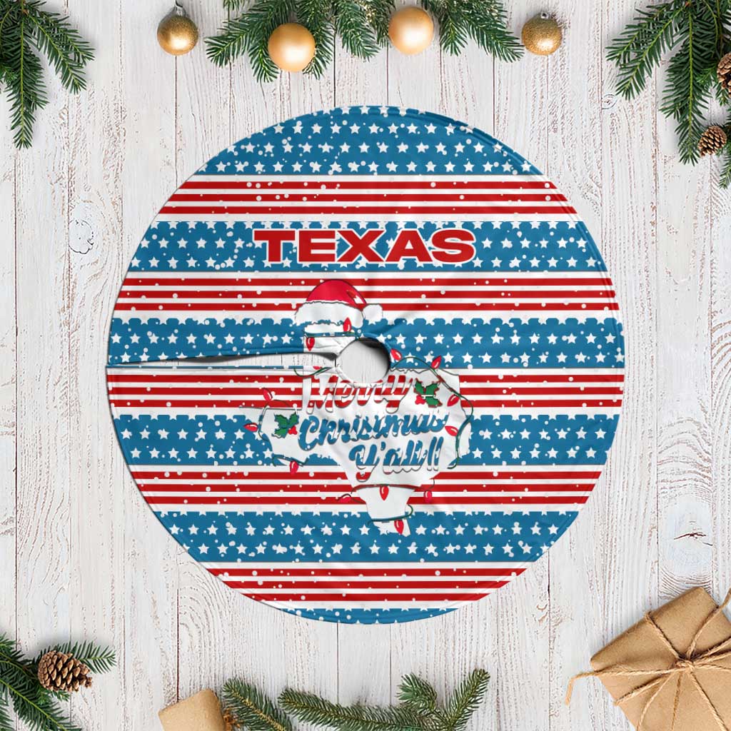 Texas Christmas Tree Skirt with Blue and Red Striped Festive Pattern Lone Star and Santa Motif - Wonder Print Shop