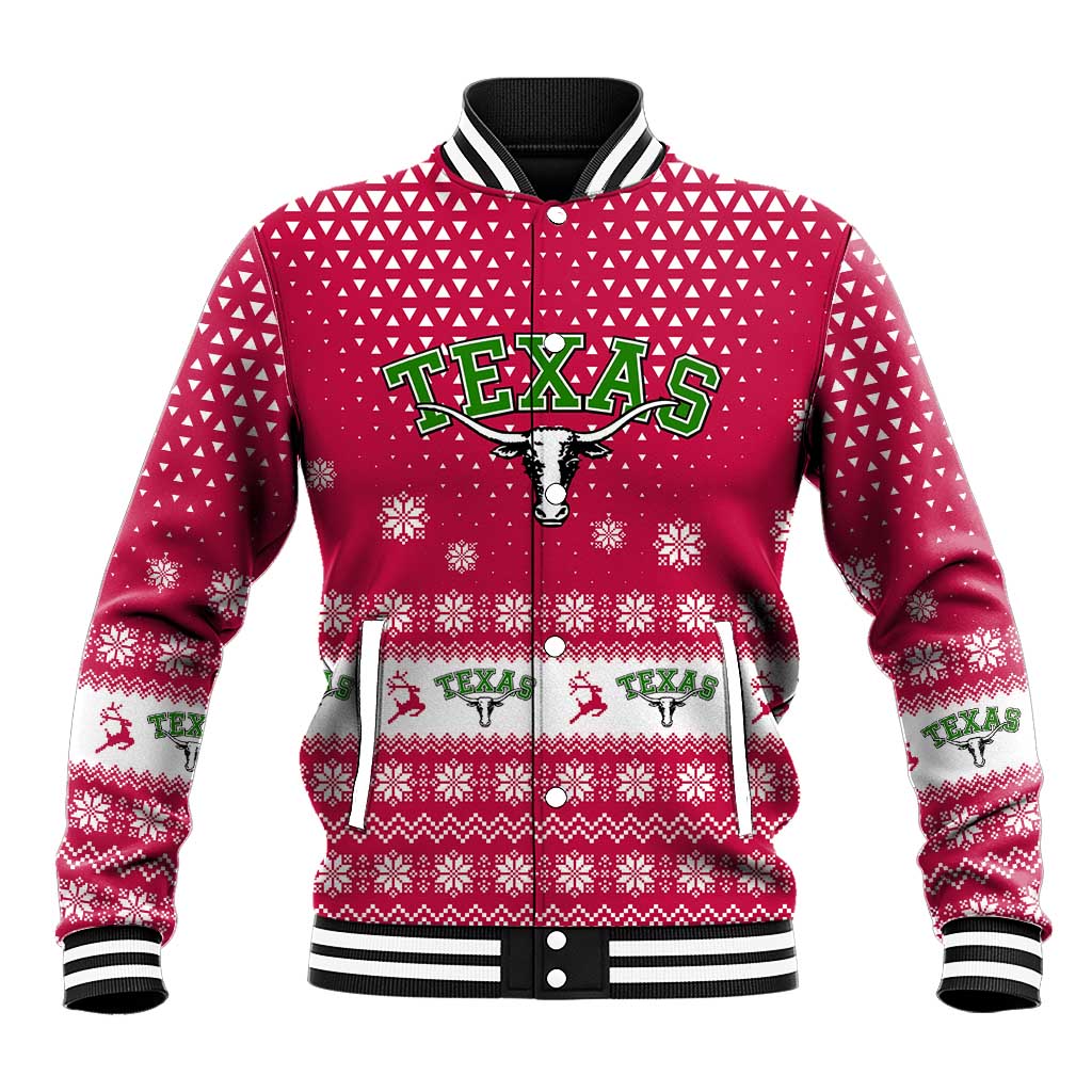 Texas Christmas Baseball Jacket with Red and White Snowflake Pattern Longhorn Skull and Christmas Cactus Motif - Wonder Print Shop