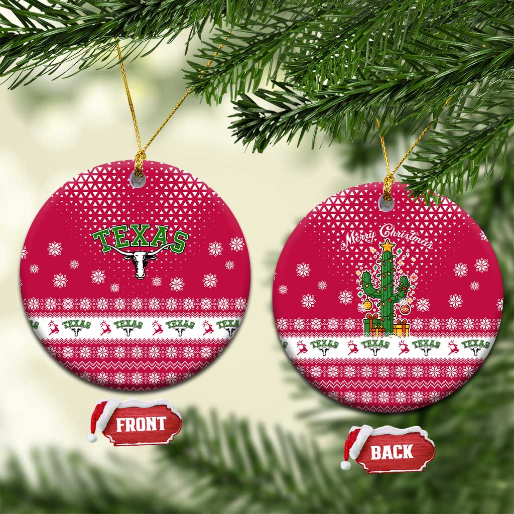 Texas Christmas Ceramic Ornament with Red and White Snowflake Pattern Longhorn Skull and Christmas Cactus Motif - Wonder Print Shop
