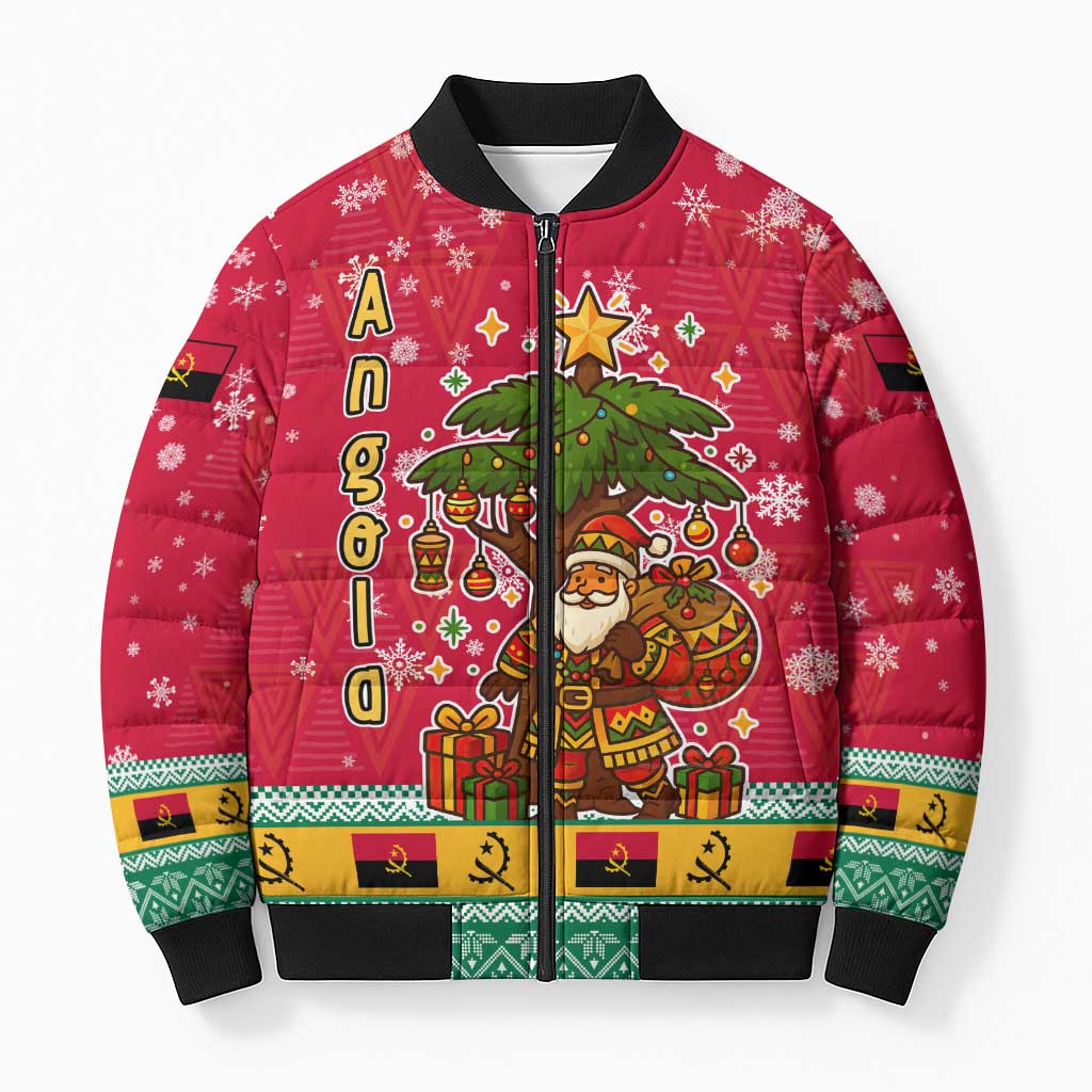 Angola Christmas Bomber Puffer Jacket with Santa, Gifts, and National Flag Map Motif - Wonder Print Shop