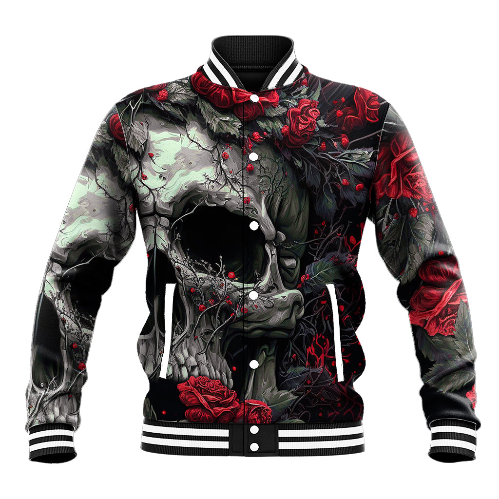 Black baseball jacket front with button placket, skull and rose prints, ribbed hem