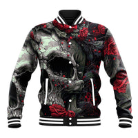 Black baseball jacket front with button placket, skull and rose prints, ribbed hem
