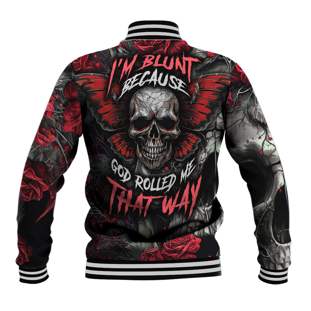 Black baseball jacket with back skull graphic, red roses, and striped ribbed collar