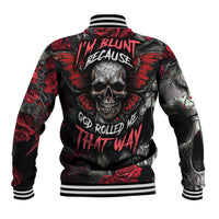 Black baseball jacket with back skull graphic, red roses, and striped ribbed collar