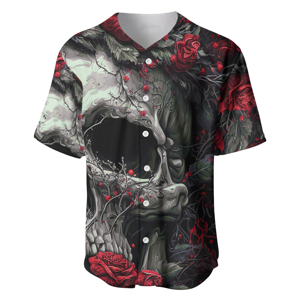Black baseball jersey with gray angel skull and red rose pattern, button-front