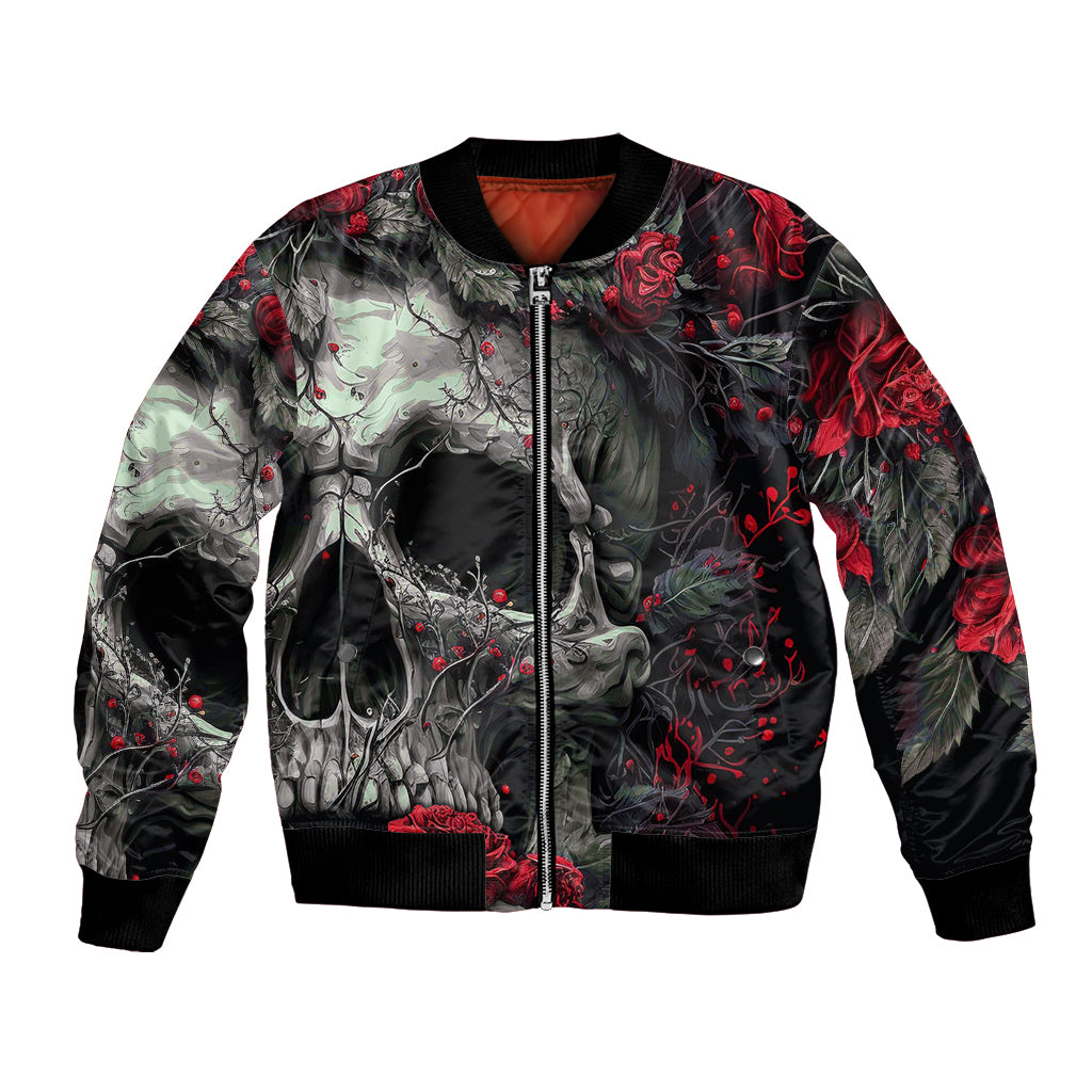 Black zip bomber jacket with skull and red rose print, ribbed cuffs