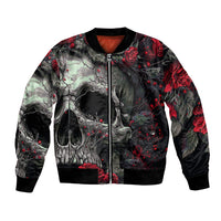 Black zip bomber jacket with skull and red rose print, ribbed cuffs