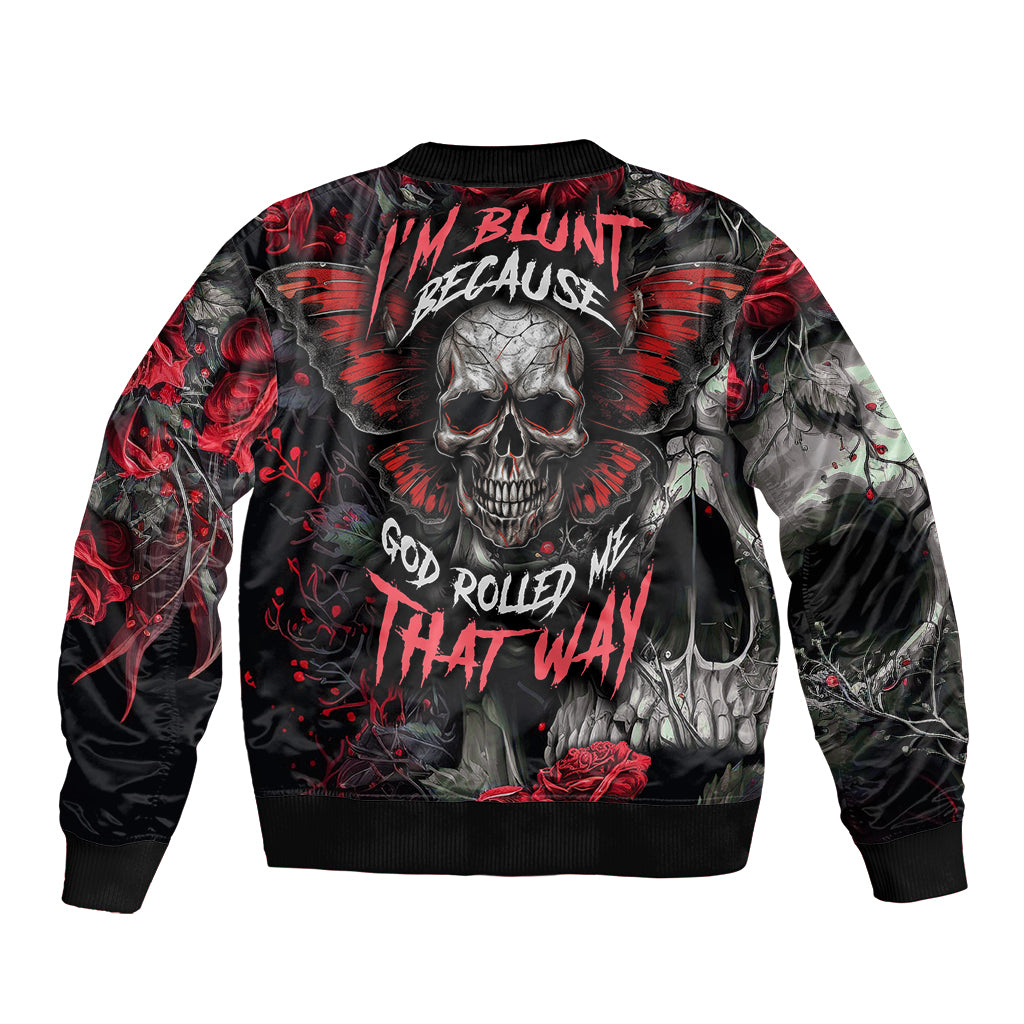 Black bomber jacket with skull front graphic, red accents, ribbed collar and hem