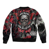 Black bomber jacket with skull front graphic, red accents, ribbed collar and hem