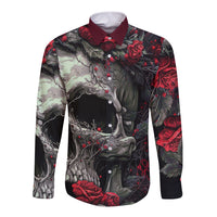 Long sleeve button shirt in black with red roses and gray angel-skull front graphic