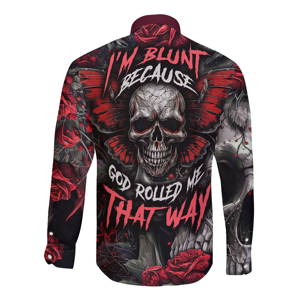 Long sleeve button shirt in black with red skull and wings graphic, button-up collar