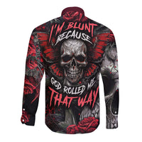 Long sleeve button shirt in black with red skull and wings graphic, button-up collar