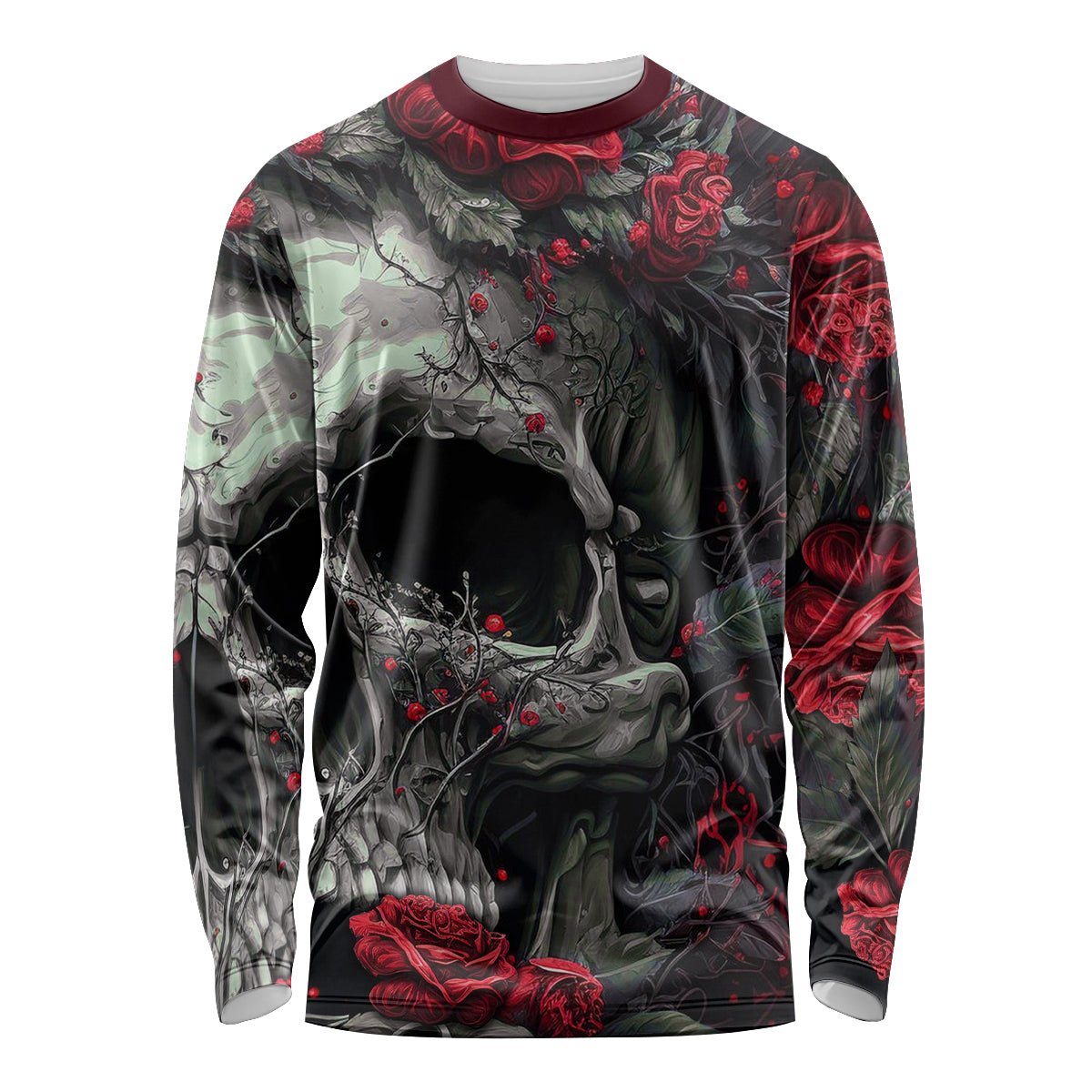 Black long-sleeve T-shirt with skull and roses, abstract red-and-gray design, crew neck