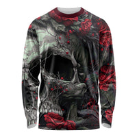 Black long-sleeve T-shirt with skull and roses, abstract red-and-gray design, crew neck